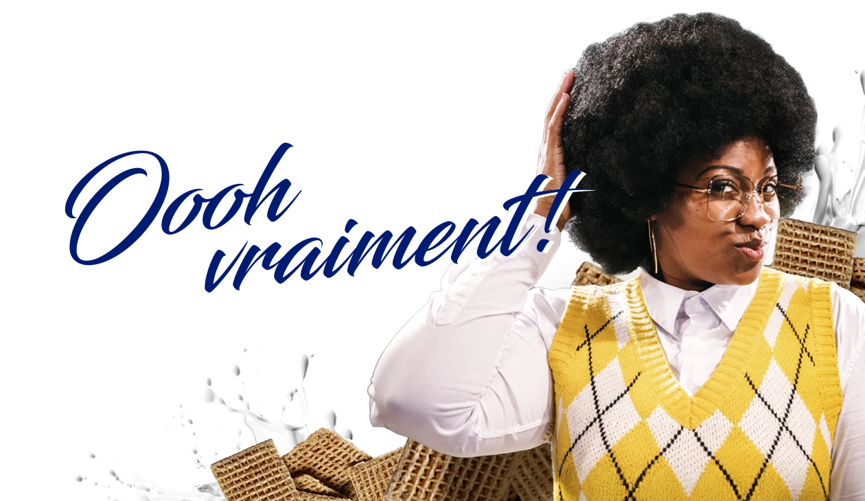 Femmes avec Shreddies en arrière-plan.