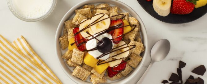 Banana Split made with Shredded Wheat in a bowl.