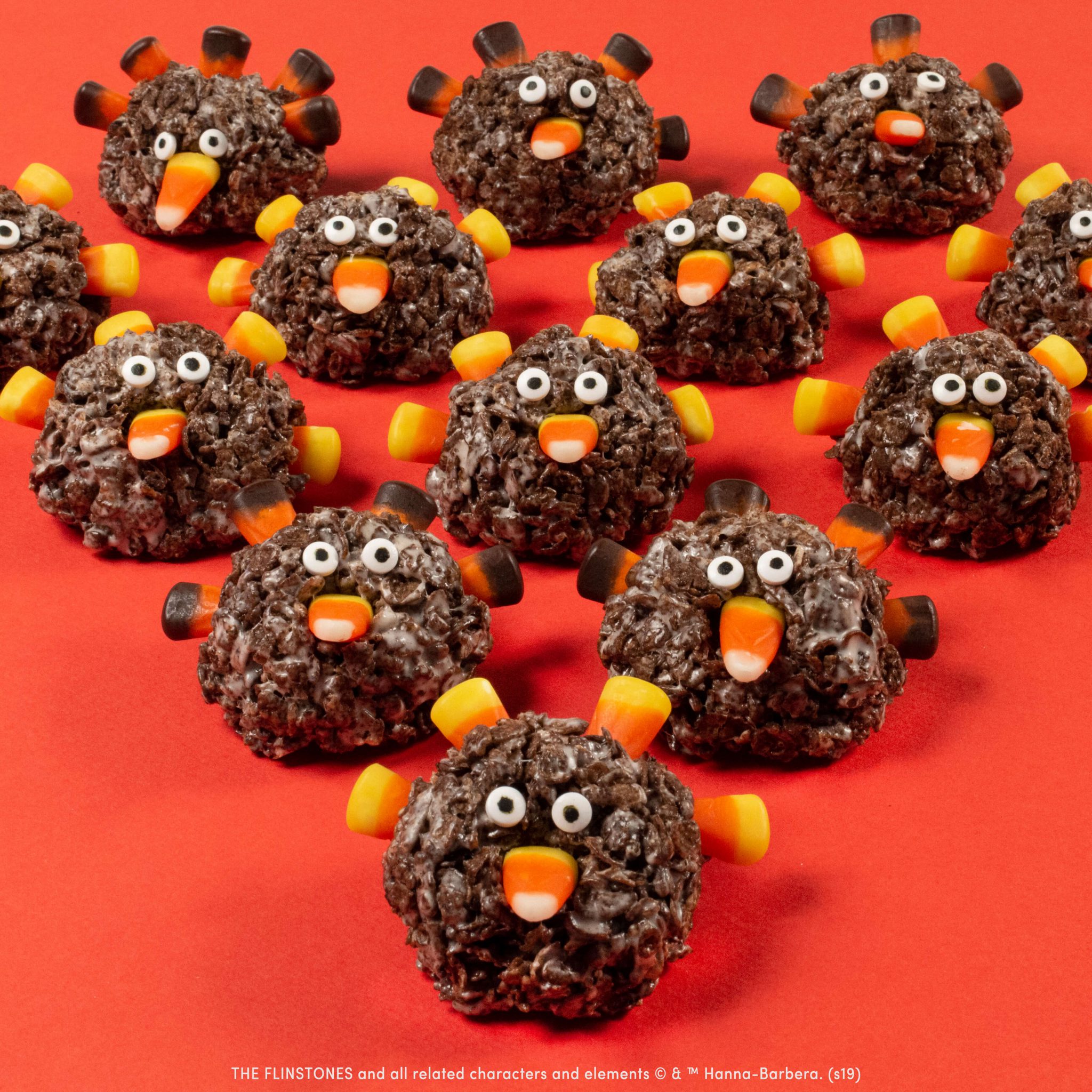 Cocoa pebbles turkeys on a red background