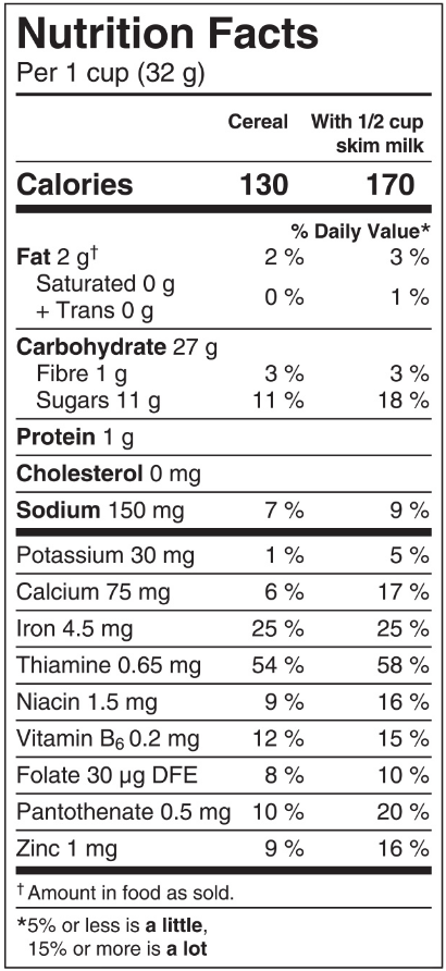 Tim Hortons Apple Fitter cereal Nutrition Facts Sheet