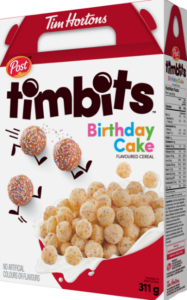 Post Tim Hortons Timbits Birthday cake cereal box large.