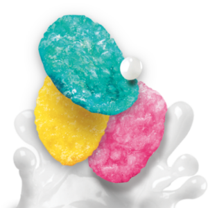 Fruity pebbles splashing into milk