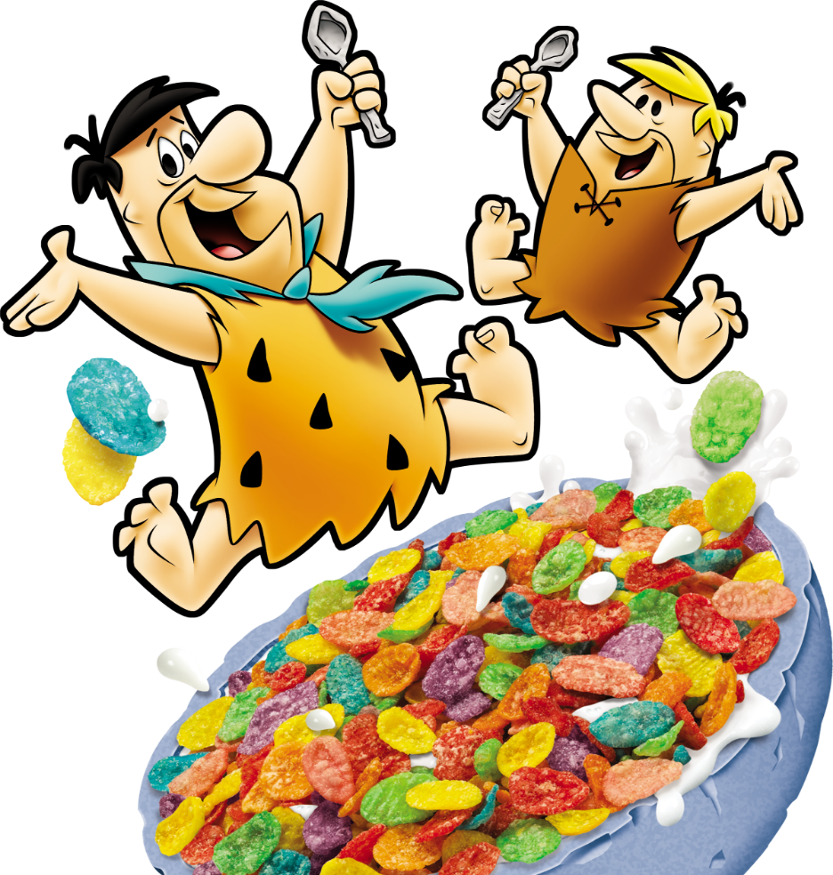Fred and Barney jumping with a cereal bowl beneath them. 