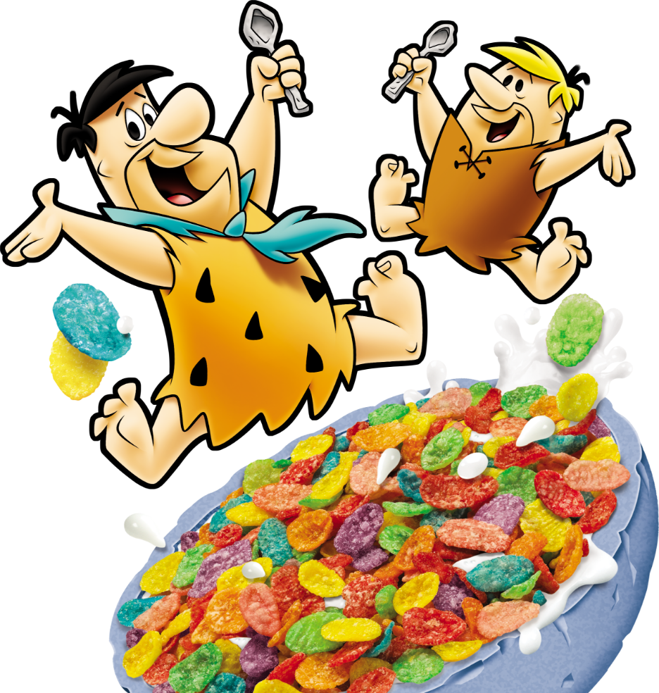 Fred and Barney jumping with a cereal bowl beneath them.