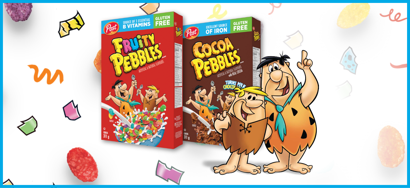 Fruity Pebbles and Cocoa Pebbles cereal boxes