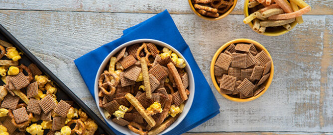 Shreddies Garden Ranch mix in a bowl on a wooden background.