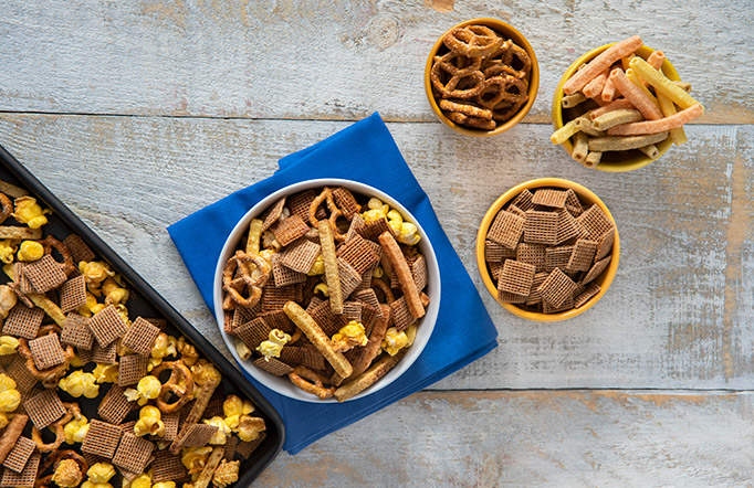 Shreddies Garden Ranch mix in a bowl on a wooden background.