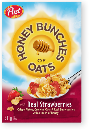 Post Honey Bunches of Oats with real strawberries cereal box