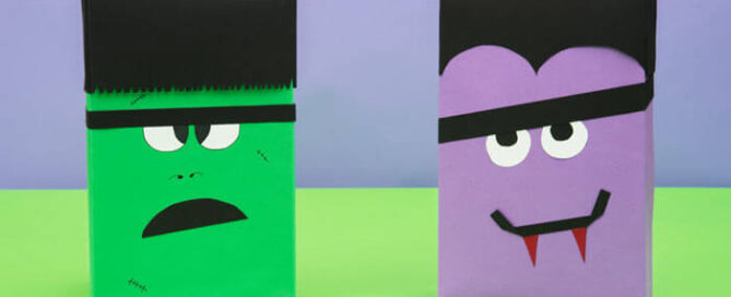 Purple vampire cereal box and green Frankenstein cereal box.