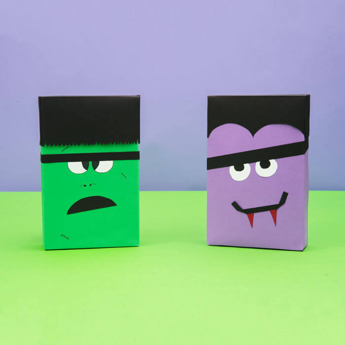 Purple vampire cereal box and green Frankenstein cereal box.