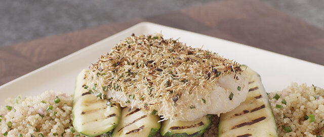 Post Shredded Wheat Crusted Cod with Quinoa and Grilled Zucchini