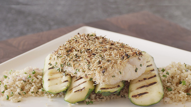 Morue Post Shredded Wheat Crusted Cod with Quinoa and Grilled Zucchini