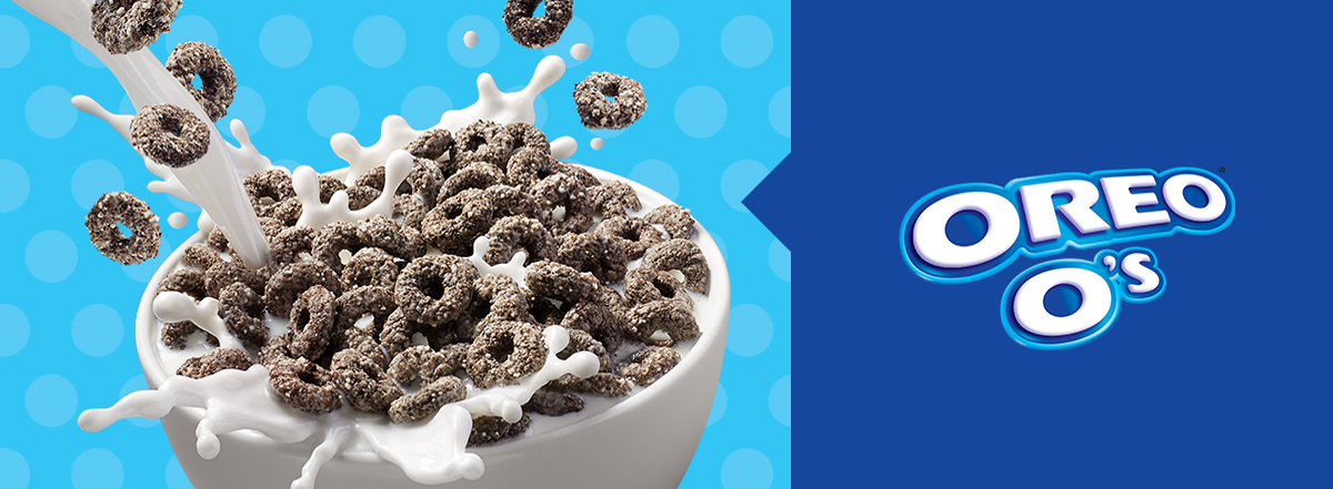 Oreo O's cereal in a bowl with milk pouring
