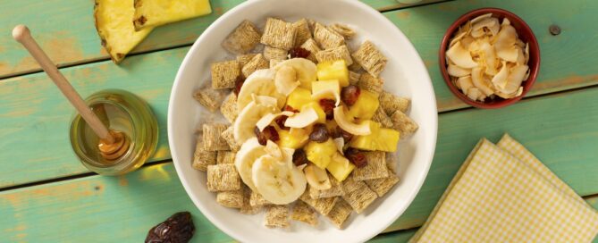 Pina Colada Breakfast Bowl with raisins, banana slices, and pineapple slicers.