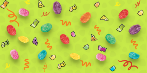 Green background with cereal pieces, confetti and other cartoonish patterns.