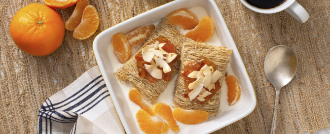 Shredded Wheat Get Coconutty breakfast bowl with mandarin oranges and coconut shavings on top.