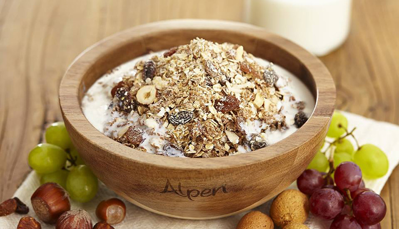Bowl of Alpen Muesli with grapes and nuts