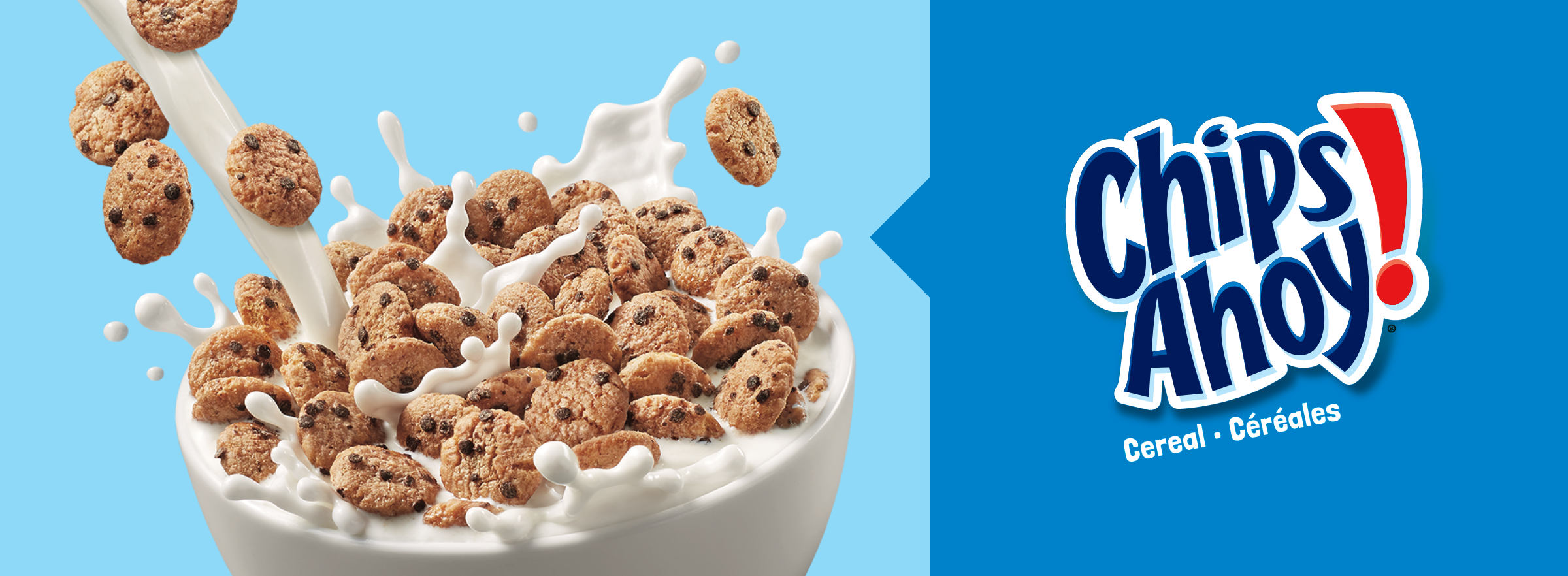 Chips Ahoy cereal spacing in a bowl of milk