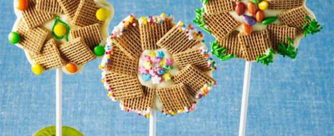 Three Shreddies Chocolate Flower Pops on a blue background.