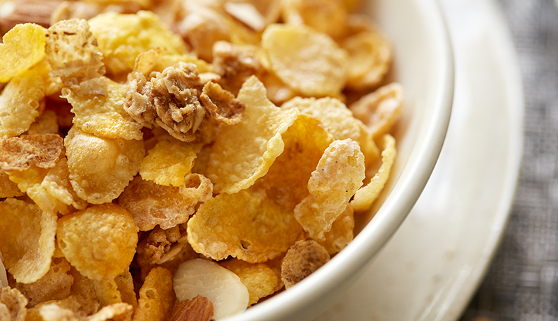 Honey Bunches of Oats in a white bowl close up.