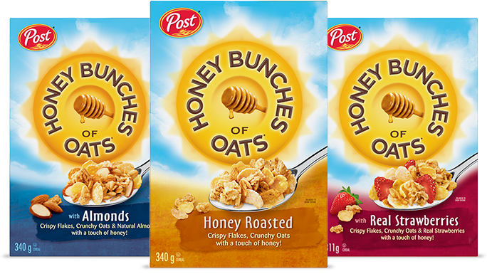 Three Boxes of Cereal. Honey Bunches of Oats with Almonds, Honey Roasted and with Strawberries.