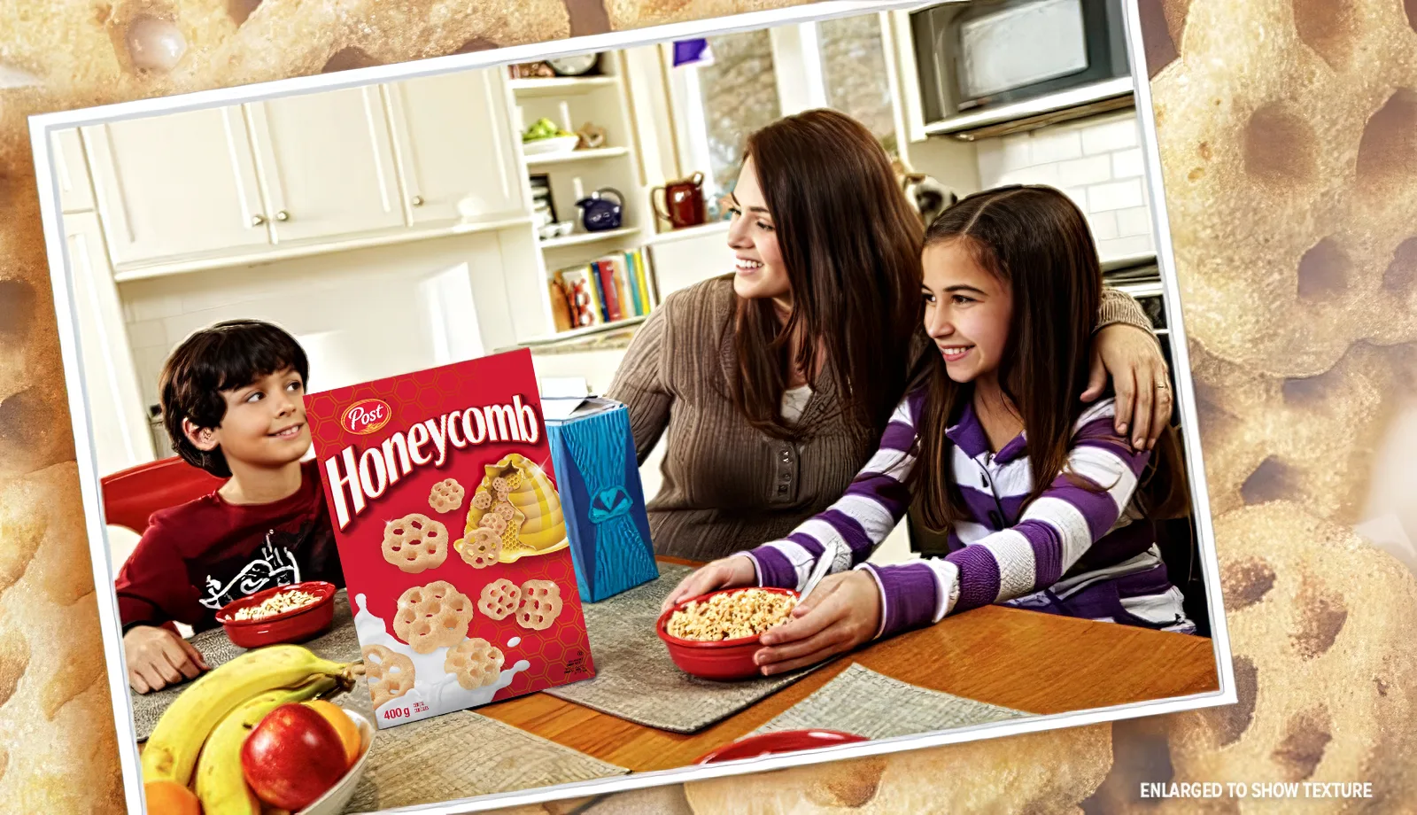 A background closeup of Honeycomb cereal with an image of a happy family eating breakfast on top.