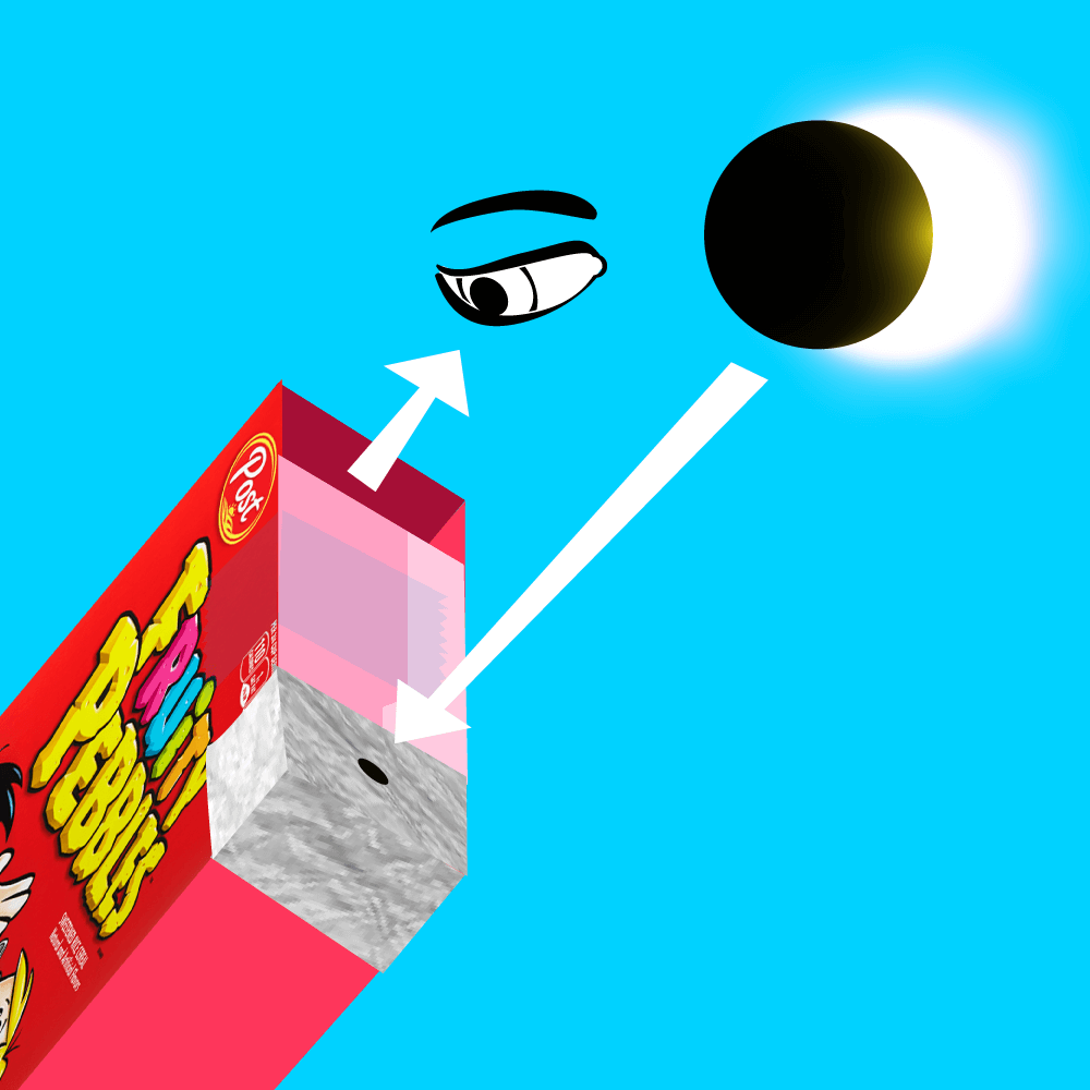 cartoon eye looking through a hole in a cereal box on a blue background