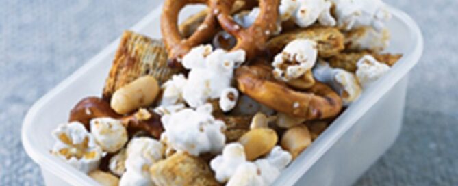 Post Shredded Wheat No-Bake Classic Snack Mix in a small lunch container.