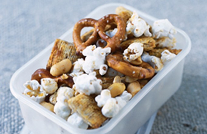 Post Shredded Wheat No-Bake Classic Snack Mix in a small lunch container.