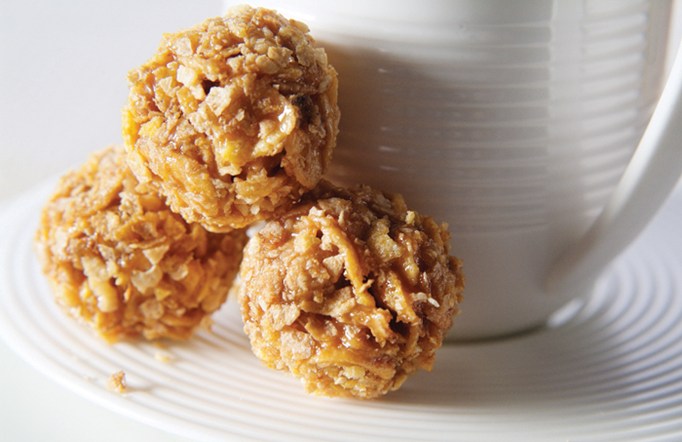 Honey Bunches of Oats Caramel Balls on a white plate.