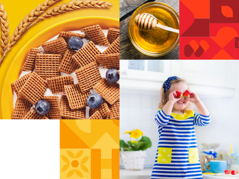 A collage of various logos and symbols, a young girl holding red strawberries to her eyes, a bowl of yellow honey and a bowl of shreddies.