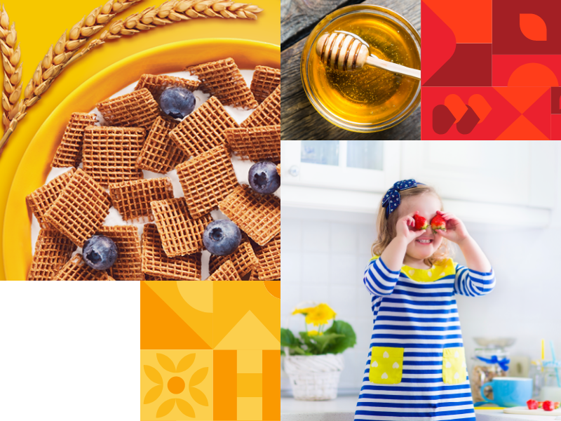 A collage of various logos and symbols, a young girl holding red strawberries to her eyes, a bowl of yellow honey and a bowl of shreddies.