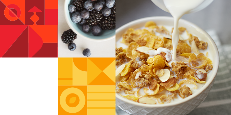 A collage of various logos and symbols, a bowl of blueberries and a bowl of honey bunches of oats.